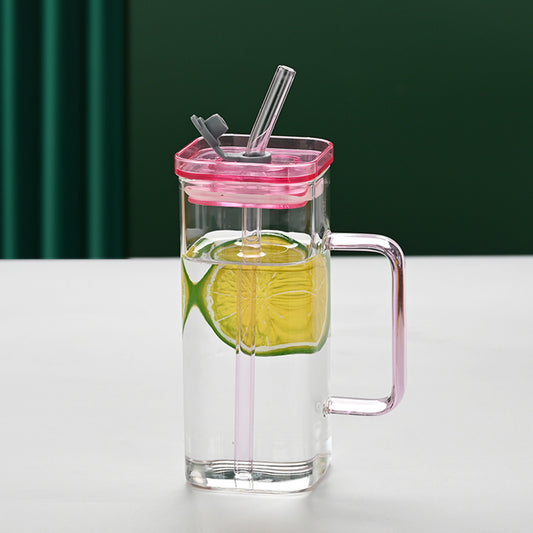 Nuanced Square Glass Cup with Handle & Straw - Iced Coffee Mug